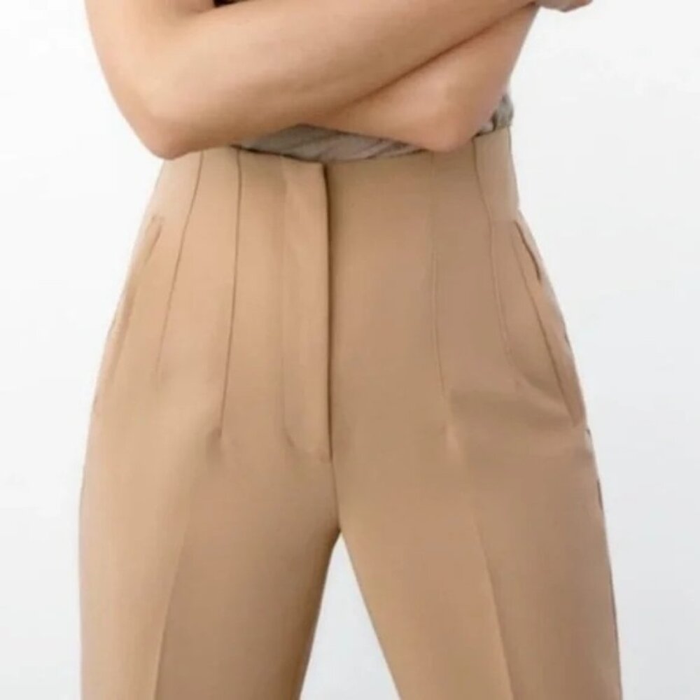 ZARA Camel Tan M High Waisted Tailored Trousers Side Pockets - Picture 6 of 14